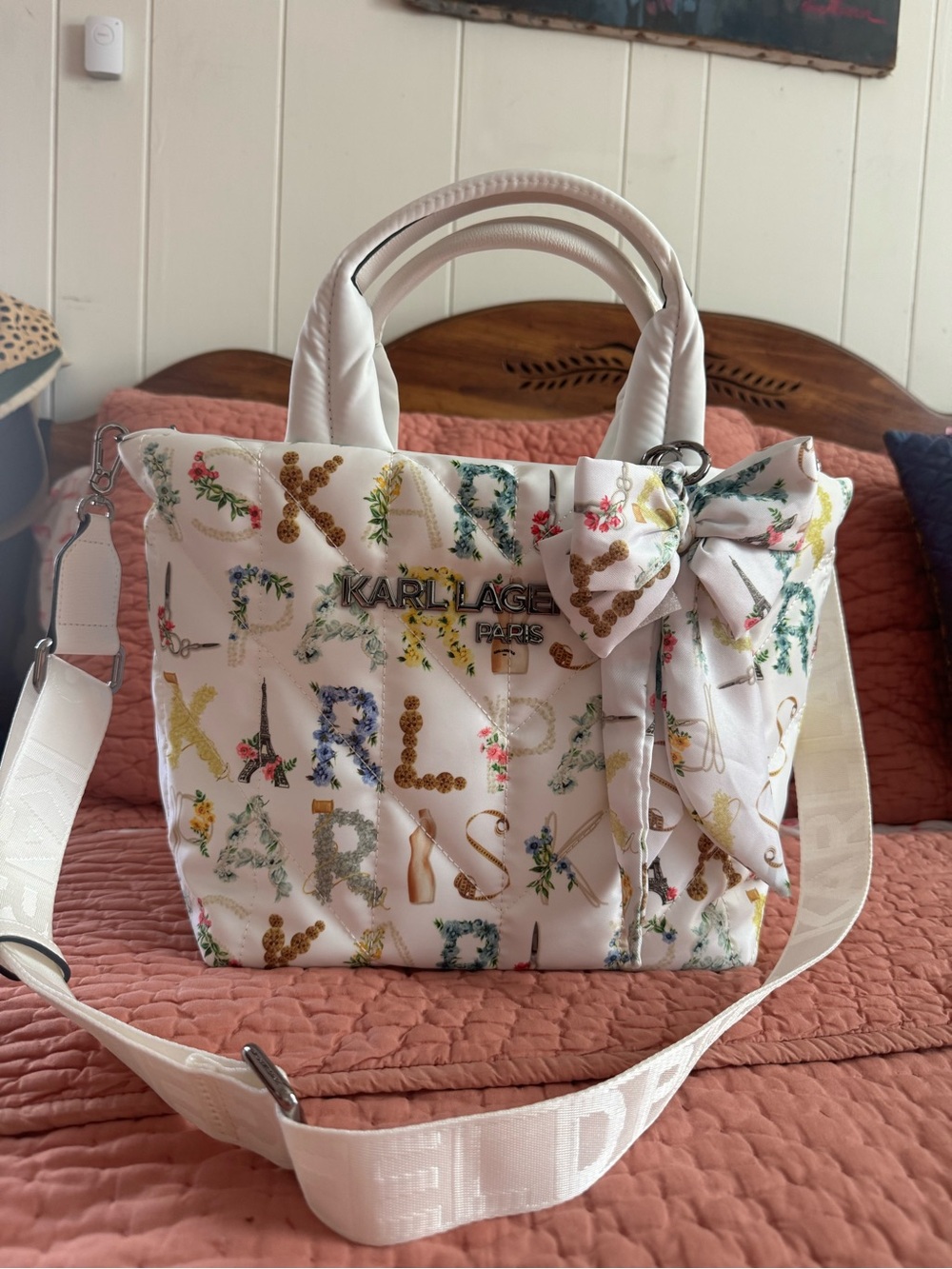 Karl Lagerfeld White Floral Logo Quilted Tote with Bow Accent